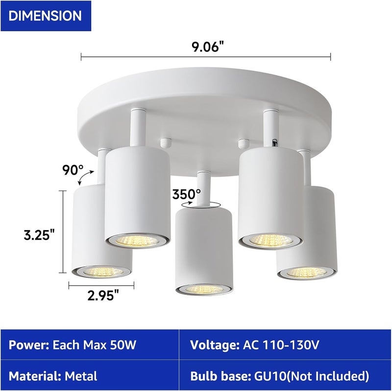 EGM Adjustable 5-Light Kitchen Spot Light Fixture, White Round Track Lighting Fixtures, GU10 Flush Mount Directional Ceiling Light for Bedroom - Image 3